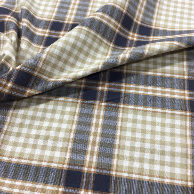 Classic Navy Blue and Tan Plaid Cotton Print Fabric
