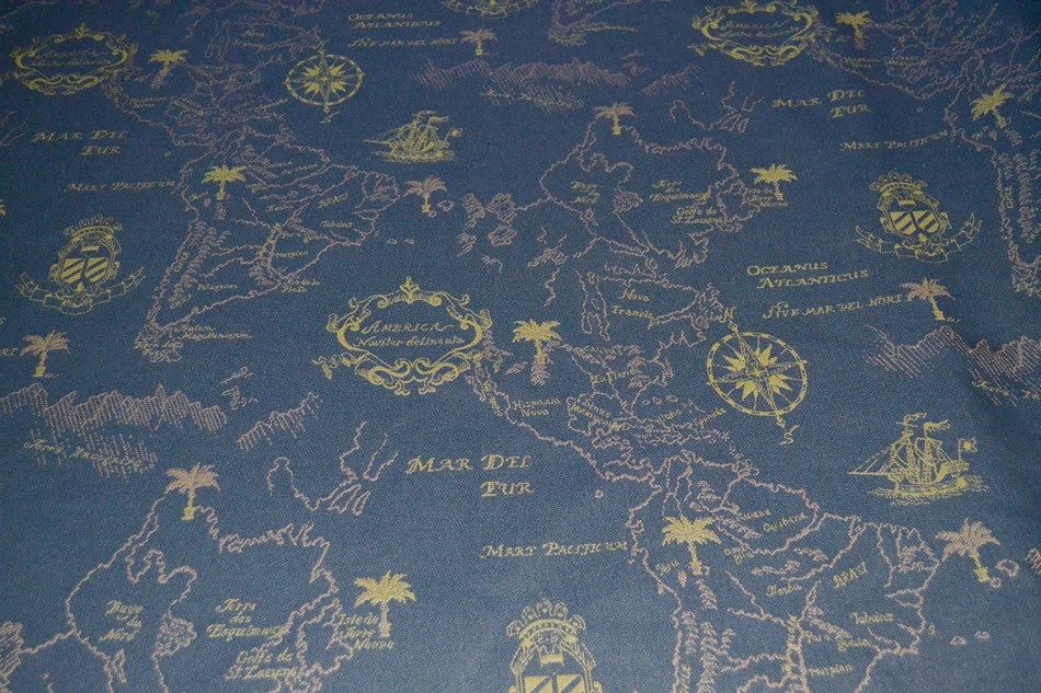 Nautical Themed Mapped Blue Upholstery Fabric