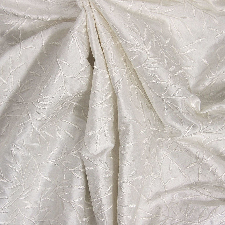 Alok White Embroidered Foliage Silk Upholstery Fabric