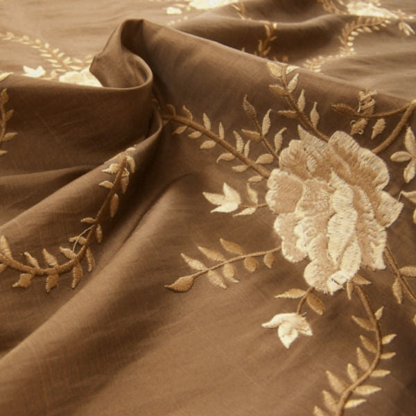 Drapery Fabric Botanical Embroidered Faux Silk Romance Taupe Toto Fabrics