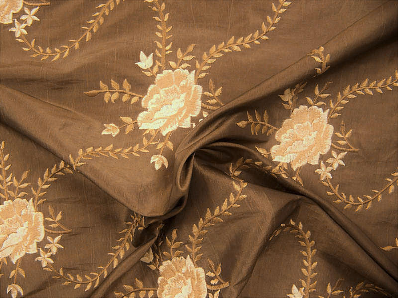 Romance Taupe Botanical Embroidered Faux Silk Brown & Peach Drapery Fabric