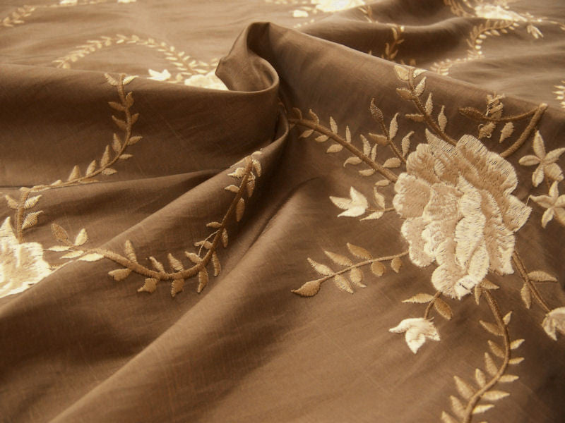 Romance Taupe Botanical Embroidered Faux Silk Brown & Peach Drapery Fabric