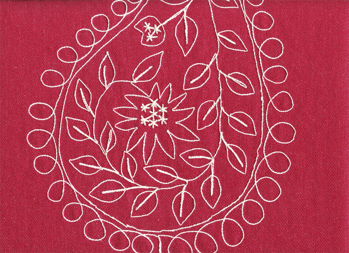Dress Up Dungaree Red Embroidered Floral Paisley Motif Upholstery Fabric