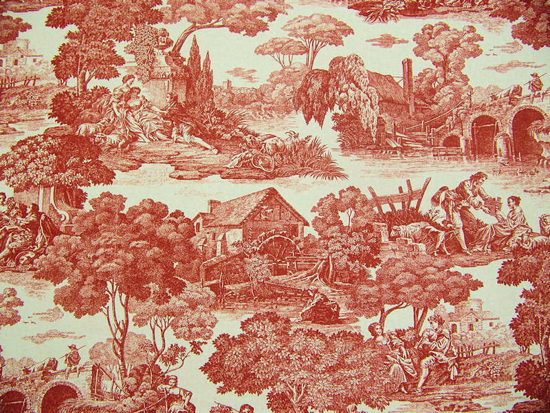 La Belle Champagne Cranberry Historic Toile Red Upholstery Fabric (Sold As-Is)