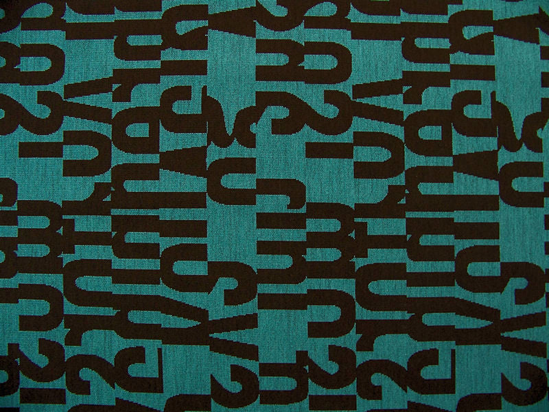 Remnant of Letters Aqua Turquoise Upholstery Fabric