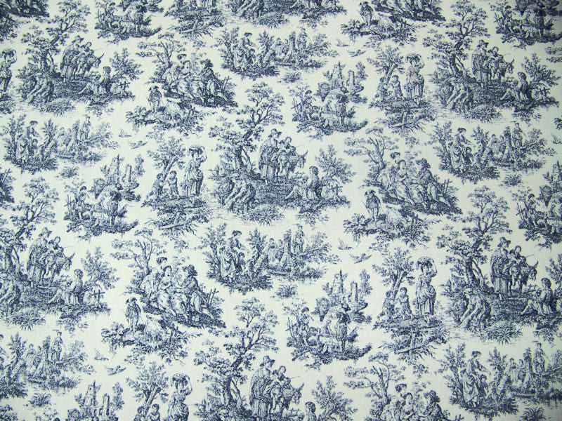 Rustic Toile Navy Historic Country Life Print Blue & White Upholstery Fabric